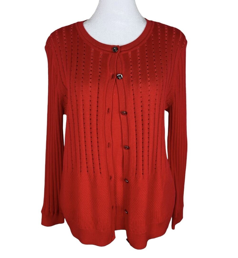 St. John Red Knit Cardigan Sweater Tank Top Set Pointelle Wool Blend Size Medium